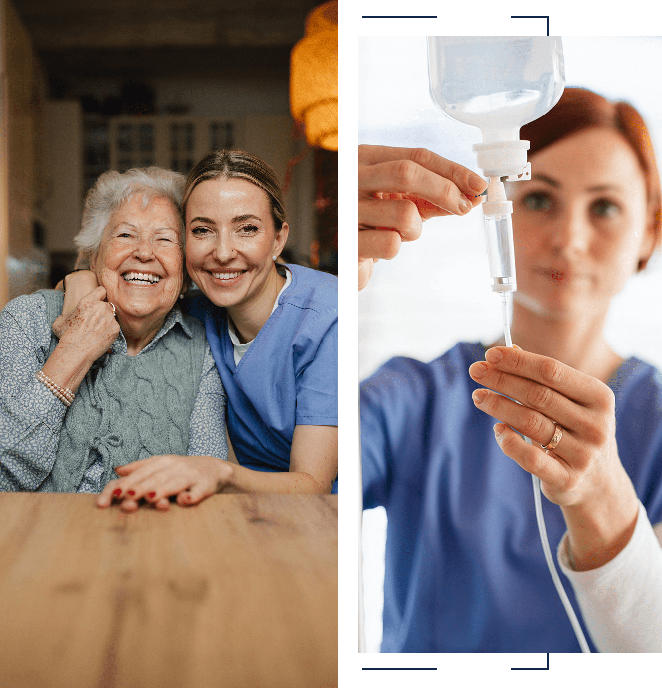 Nurse with elderly woman and IV drip.