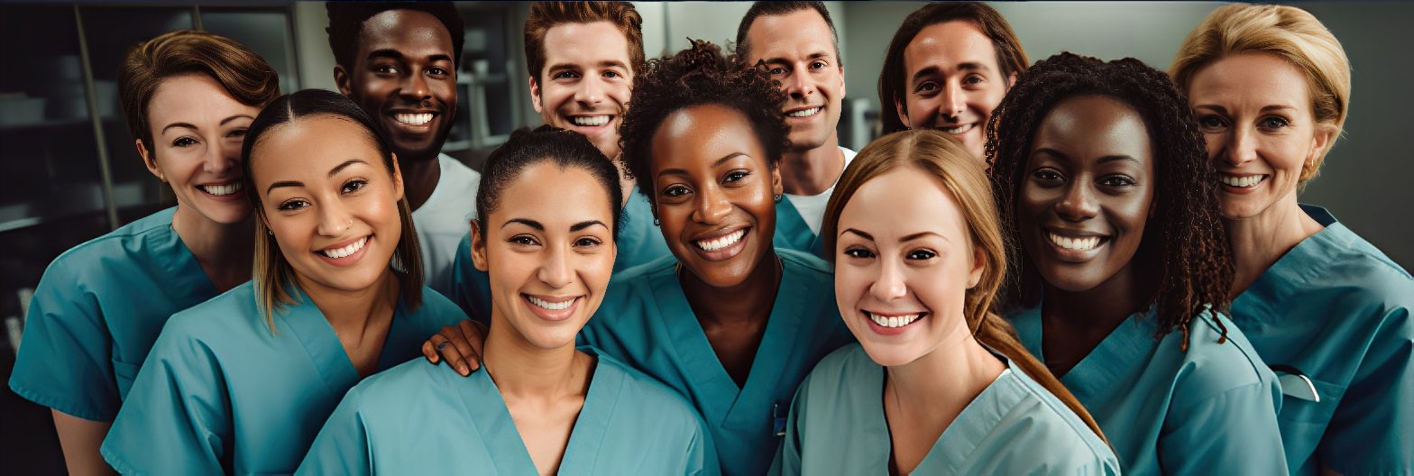 Group of smiling healthcare professionals in scrubs.