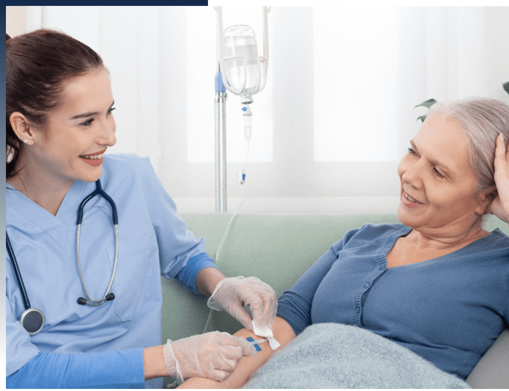 Nurse caring for elderly patient with IV.